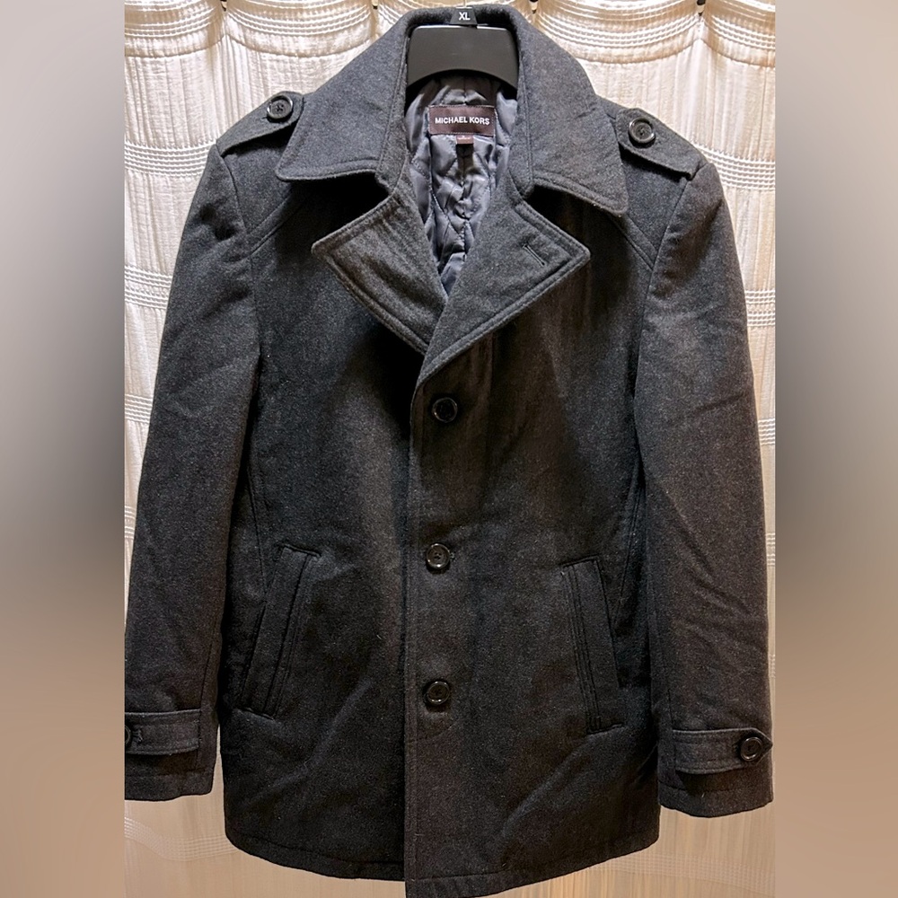 Michael Kors Wool Blend Jacket Men's Sz M Black Quilted Lining Pockets Peacoat